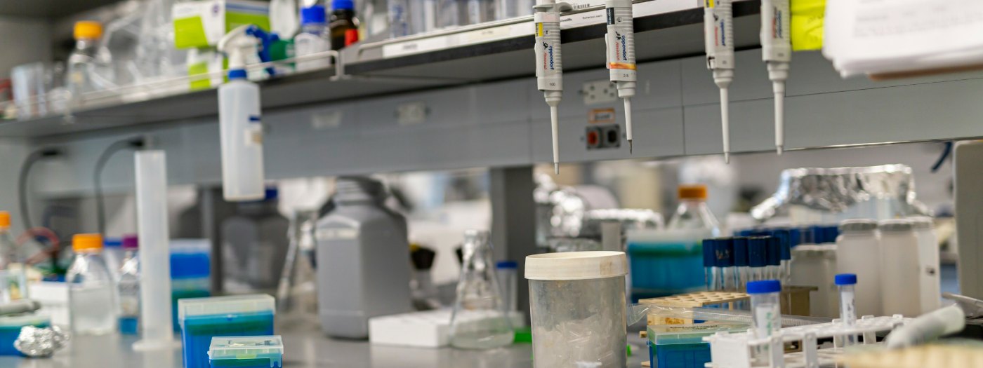 A laboratory bench with ordered glassware under fume hoods